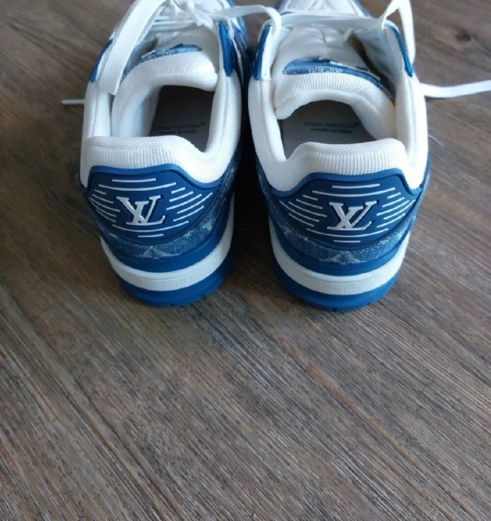 Louis Vuitton Women White and Blue Denim-Accent Low-Top Sneakers